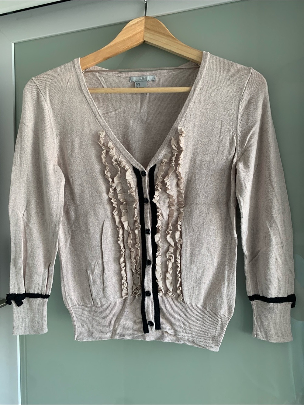 H&M Cream Ruffle-Front Cardigan with Black Trim